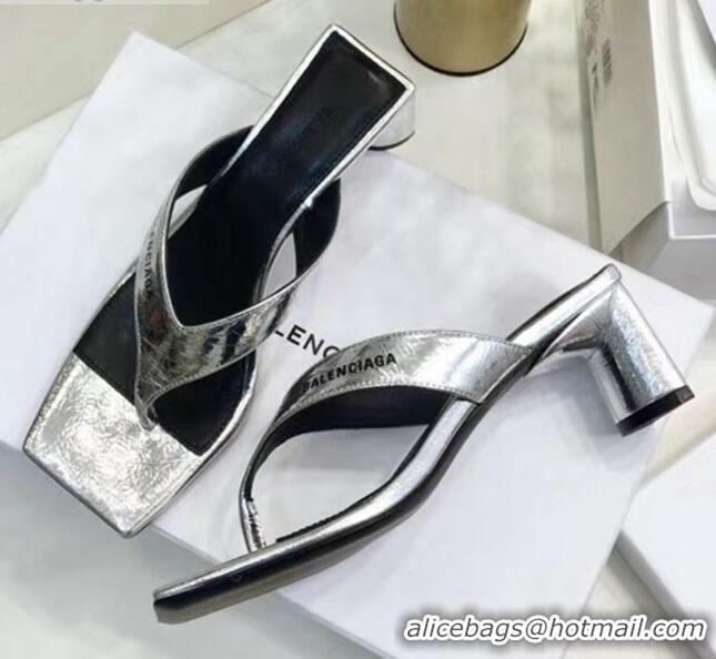 Top Quality BalenciMetallicaga Double Square 60mm Open Back Sandal in Metallic Leather Silver 060403