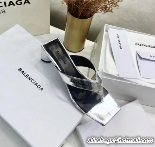 Top Quality BalenciMetallicaga Double Square 60mm Open Back Sandal in Metallic Leather Silver 060403