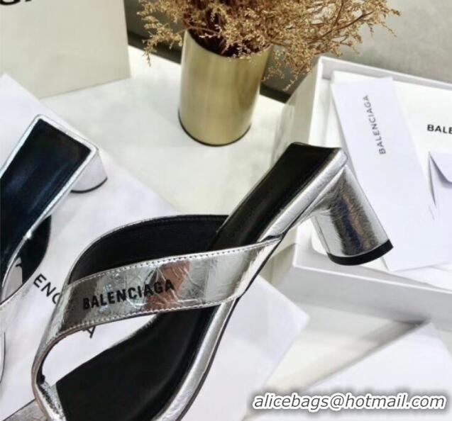 Top Quality BalenciMetallicaga Double Square 60mm Open Back Sandal in Metallic Leather Silver 060403