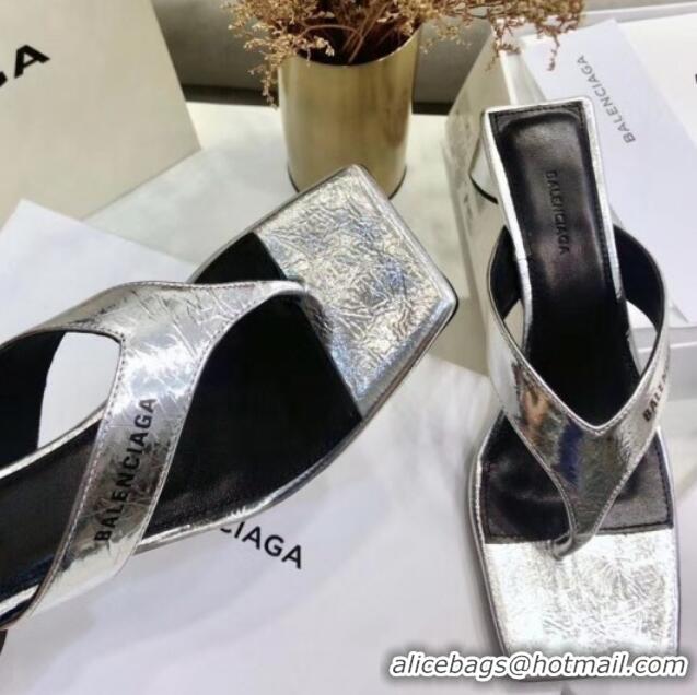 Top Quality BalenciMetallicaga Double Square 60mm Open Back Sandal in Metallic Leather Silver 060403