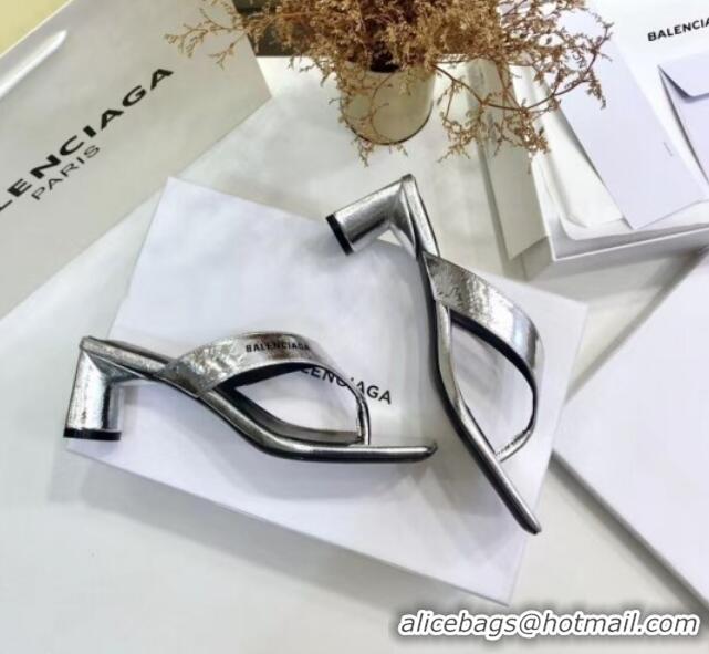 Top Quality BalenciMetallicaga Double Square 60mm Open Back Sandal in Metallic Leather Silver 060403