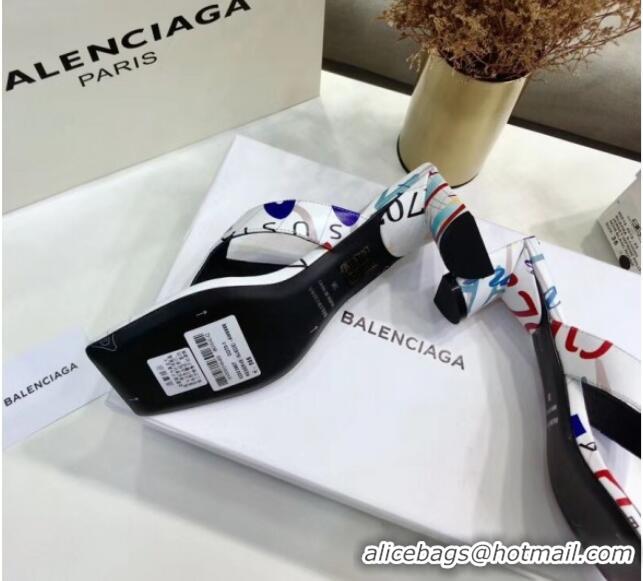 Best Luxury Balenciaga Double Square 60mm Open Back Sandal in Graffiti Leather White 060404