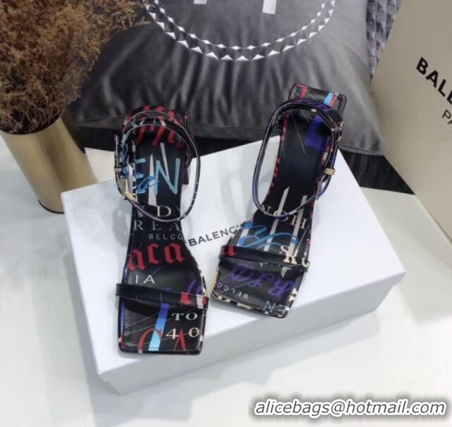 Top Design Balenciaga Square Ankle Strap Sandal in Graffiti Calfskin 060408 Black