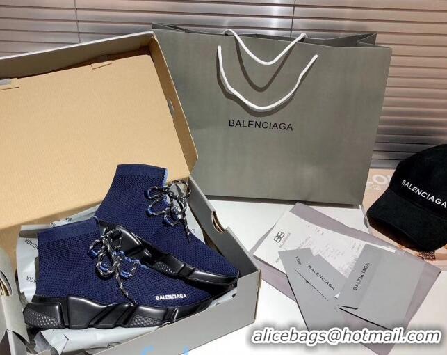 Good Quality Balenciaga Speed Knit Sock Lace-up Boot Sneaker 082714 Blue