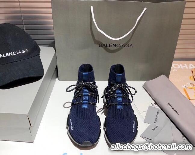 Good Quality Balenciaga Speed Knit Sock Lace-up Boot Sneaker 082714 Blue