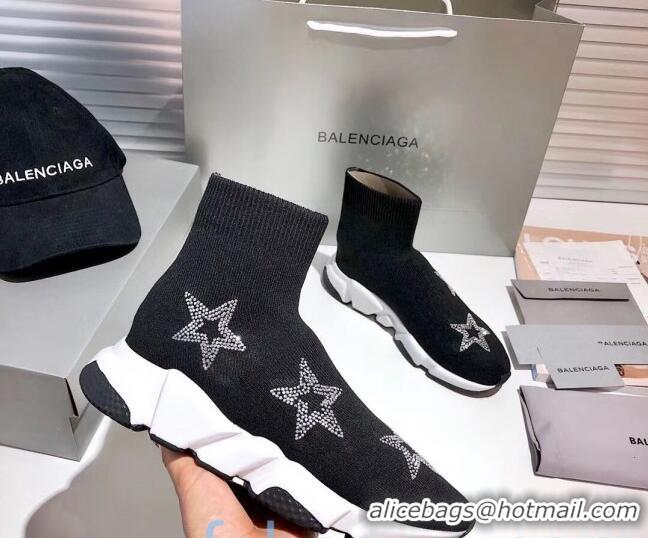 Stylish Balenciaga Speed Knit Sock Crystal Star Boot Sneaker 082717 Black