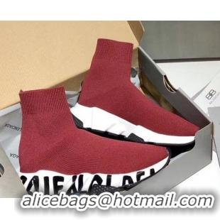 Fashion Balenciaga Speed Knit Sock Graffiti Sole Boot Sneaker 082717 Burgundy/Black