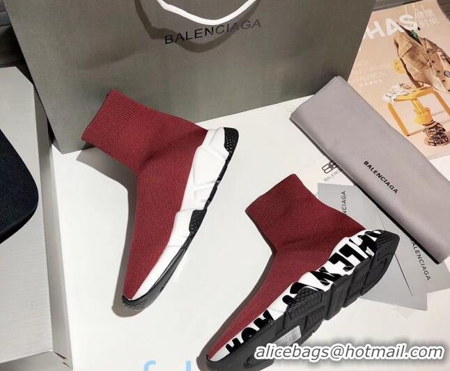 Fashion Balenciaga Speed Knit Sock Graffiti Sole Boot Sneaker 082717 Burgundy/Black