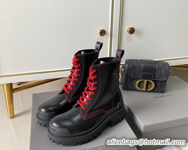 Best Luxury Balenciaga Strike Calfskin Lace-up Short Boot 091115 Black/Red Lace