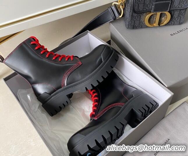 Best Luxury Balenciaga Strike Calfskin Lace-up Short Boot 091115 Black/Red Lace