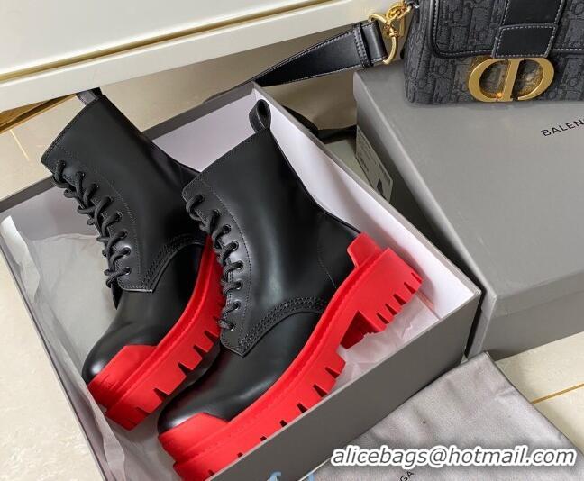 Good Quality Balenciaga Strike Calfskin Lace-up Short Boot 091115 Black/Red Sole