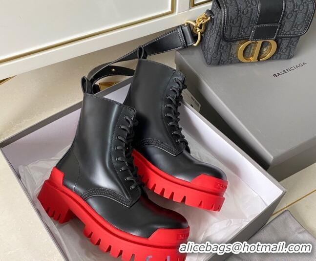 Good Quality Balenciaga Strike Calfskin Lace-up Short Boot 091115 Black/Red Sole