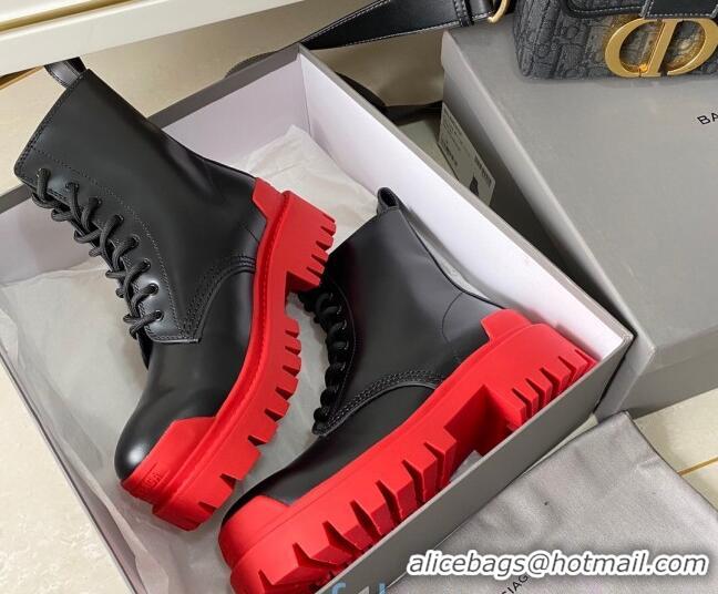 Good Quality Balenciaga Strike Calfskin Lace-up Short Boot 091115 Black/Red Sole