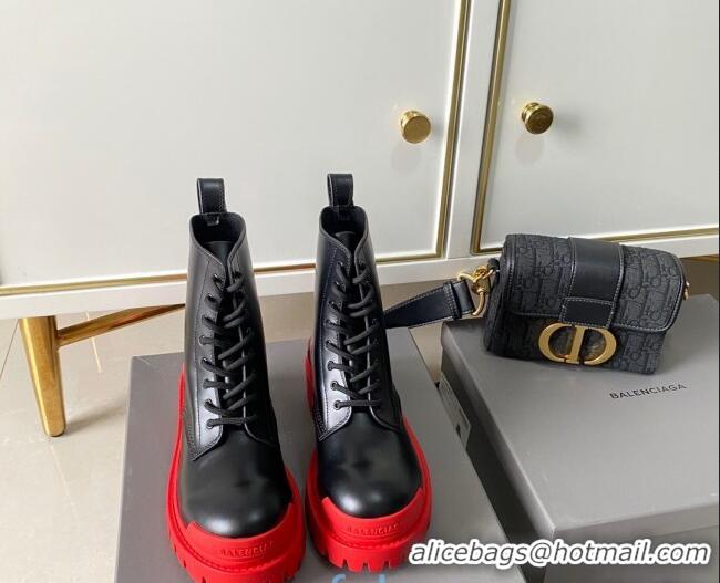 Good Quality Balenciaga Strike Calfskin Lace-up Short Boot 091115 Black/Red Sole