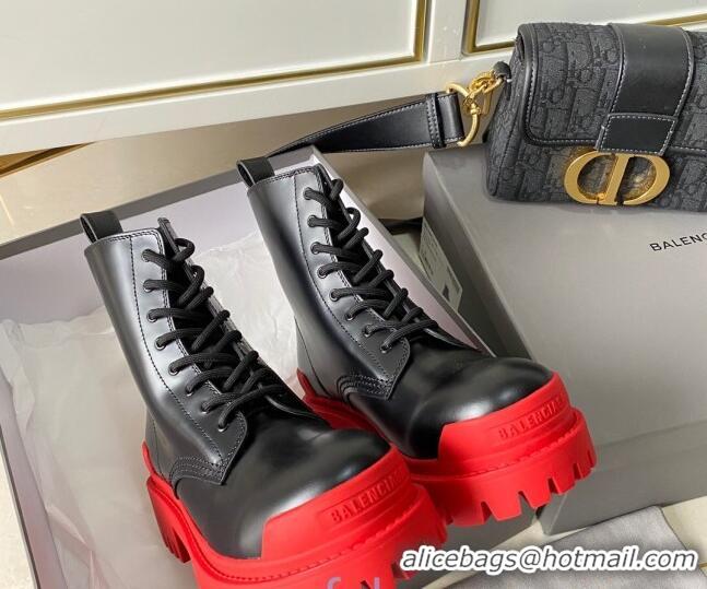 Good Quality Balenciaga Strike Calfskin Lace-up Short Boot 091115 Black/Red Sole