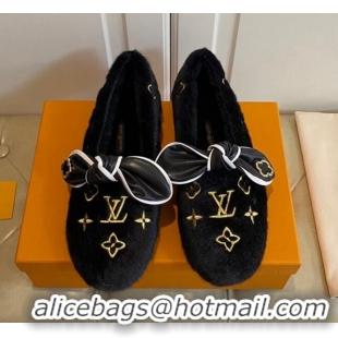 Low Cost Louis Vuitton Homey Monogram Embroidered Wool Flat Loafers with Twist Bow 102401 Black/Gold