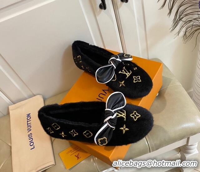 Low Cost Louis Vuitton Homey Monogram Embroidered Wool Flat Loafers with Twist Bow 102401 Black/Gold