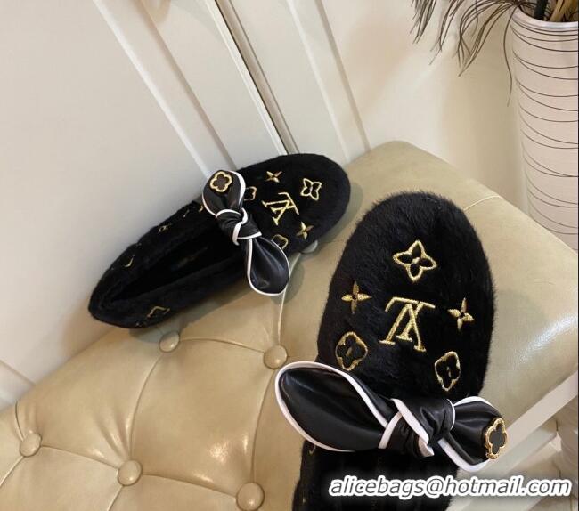 Low Cost Louis Vuitton Homey Monogram Embroidered Wool Flat Loafers with Twist Bow 102401 Black/Gold