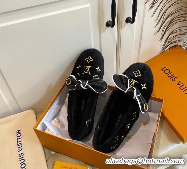 Low Cost Louis Vuitton Homey Monogram Embroidered Wool Flat Loafers with Twist Bow 102401 Black/Gold