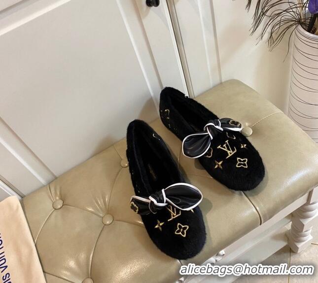 Low Cost Louis Vuitton Homey Monogram Embroidered Wool Flat Loafers with Twist Bow 102401 Black/Gold