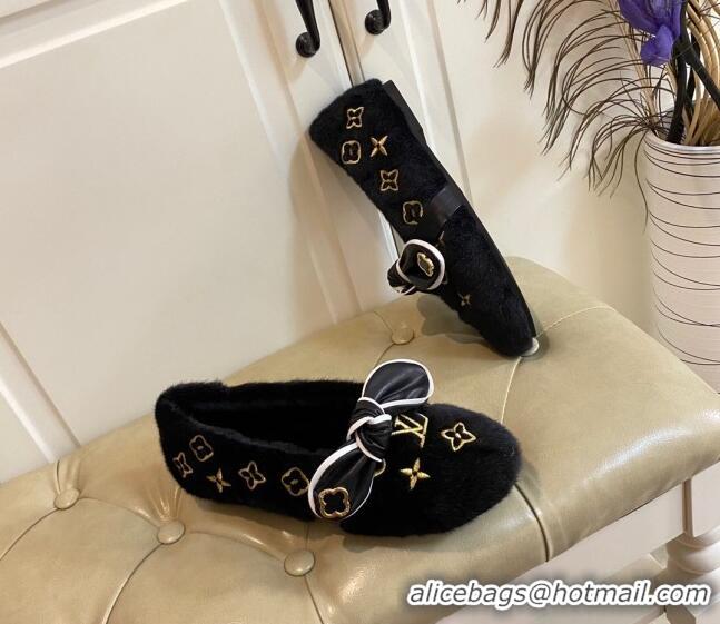 Low Cost Louis Vuitton Homey Monogram Embroidered Wool Flat Loafers with Twist Bow 102401 Black/Gold