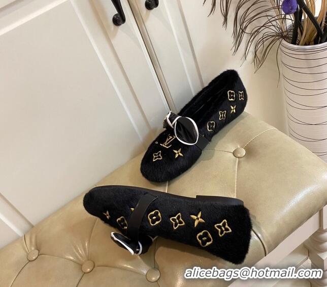 Low Cost Louis Vuitton Homey Monogram Embroidered Wool Flat Loafers with Twist Bow 102401 Black/Gold