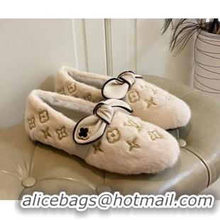 Affordable Price Louis Vuitton Homey Monogram Embroidered Wool Flat Loafers with Twist Bow 102401 White/Gold