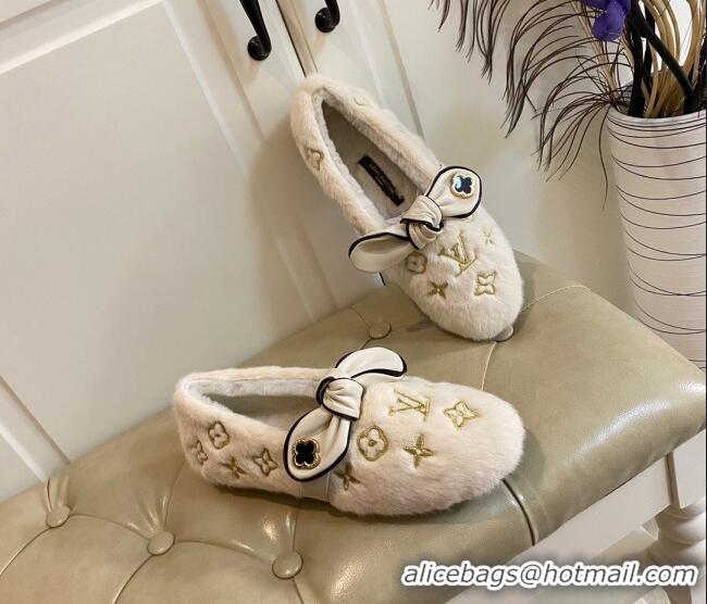 Affordable Price Louis Vuitton Homey Monogram Embroidered Wool Flat Loafers with Twist Bow 102401 White/Gold