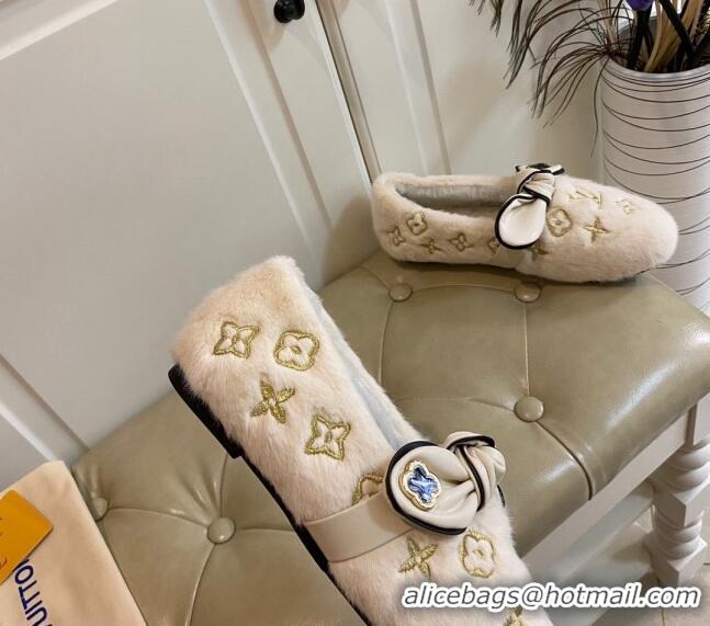 Affordable Price Louis Vuitton Homey Monogram Embroidered Wool Flat Loafers with Twist Bow 102401 White/Gold