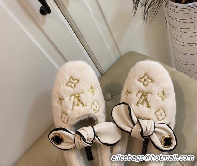 Affordable Price Louis Vuitton Homey Monogram Embroidered Wool Flat Loafers with Twist Bow 102401 White/Gold