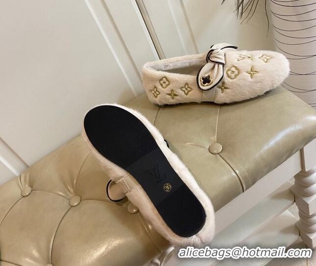 Affordable Price Louis Vuitton Homey Monogram Embroidered Wool Flat Loafers with Twist Bow 102401 White/Gold