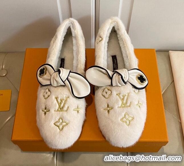 Affordable Price Louis Vuitton Homey Monogram Embroidered Wool Flat Loafers with Twist Bow 102401 White/Gold