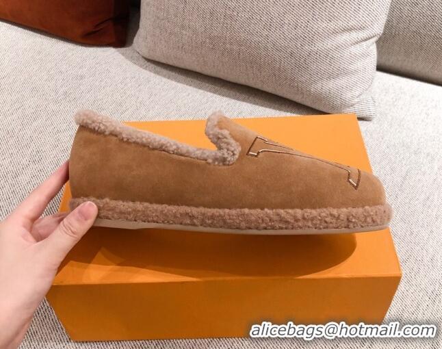 Unique Grade Louis Vuitton Frontrow Wool LV Flat Loafers 102405 Brown