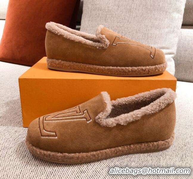 Unique Grade Louis Vuitton Frontrow Wool LV Flat Loafers 102405 Brown