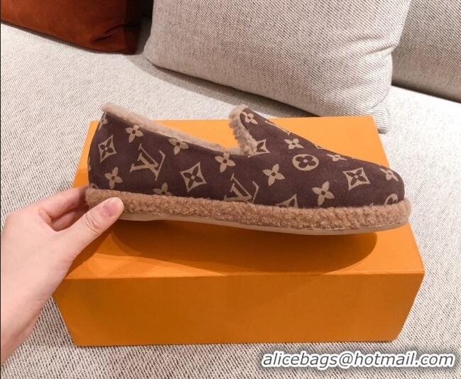 Most Popular Louis Vuitton Frontrow Wool LV Flat Loafers 102407 Dark Brown