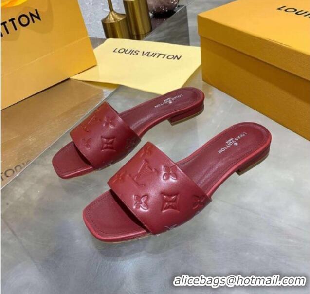 Best Price Louis Vuitton One-Stone Monogram Calfskin Flat Slide Sandals 111001 Burgundy