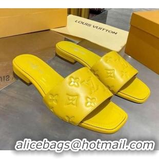 Best Luxury Louis Vuitton One-Stone Monogram Calfskin Flat Slide Sandals 111001 Yellow