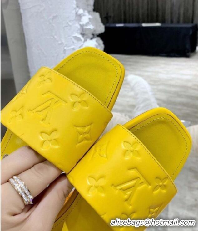 Best Luxury Louis Vuitton One-Stone Monogram Calfskin Flat Slide Sandals 111001 Yellow