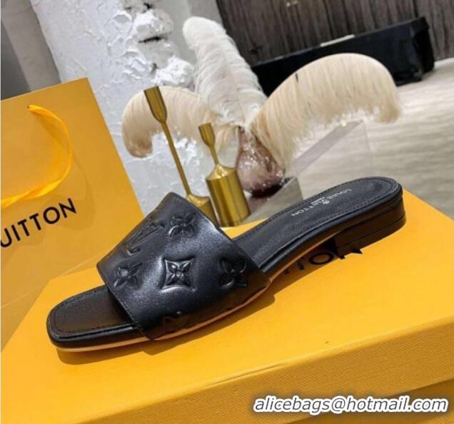 Perfect Louis Vuitton One-Stone Monogram Calfskin Flat Slide Sandals 111001 Black