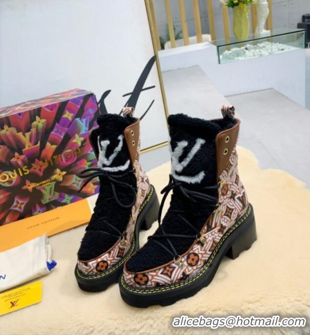 Top Design Louis Vuitton LV Beaubourg Short Boots in Crafty Canvas and Shearling Wool 1A8CUQ Brown