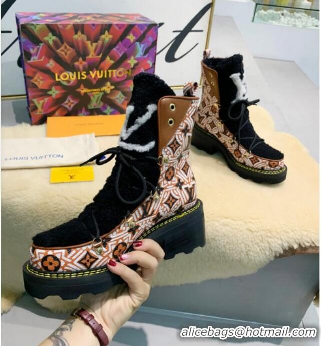 Top Design Louis Vuitton LV Beaubourg Short Boots in Crafty Canvas and Shearling Wool 1A8CUQ Brown