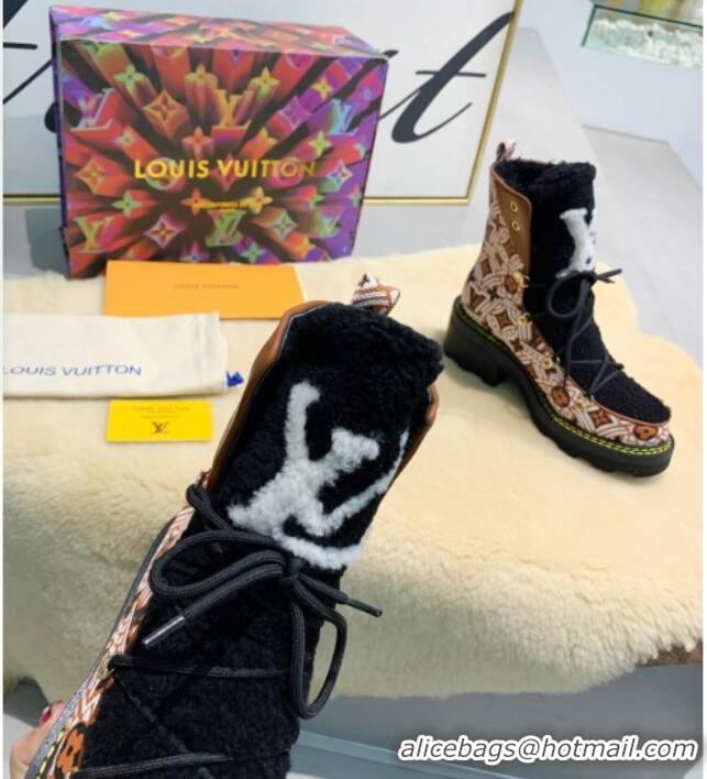 Top Design Louis Vuitton LV Beaubourg Short Boots in Crafty Canvas and Shearling Wool 1A8CUQ Brown