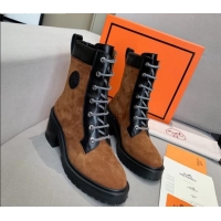 Top Design Hermes Calfskin & Suede Bridge Ankle Boot With 7cm Heel 111291 Brown/Black