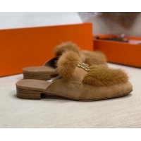 New Style Hermes Suede Mink Fur H Flat Mules 111410 Brown