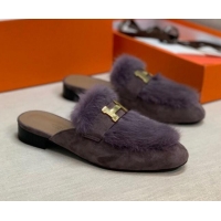 Best Luxury Hermes Suede Mink Fur H Flat Mules 111410 Purple