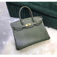 Promotional Hermes Birkin Bag Original Leather Ostrich skin HBK2530 blackish green