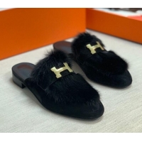 Low Price Hermes Suede Mink Fur H Flat Mules 111410 Black