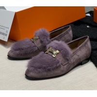 Top Quality Hermes Suede Mink Fur H Flat Loafers 111413 Purple