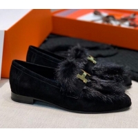 Affordable Price Hermes Suede Mink Fur H Flat Loafers 111413 Black