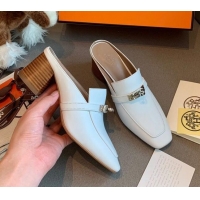 Top Quality Hermes Blossom Goatskin Mid Heel 60mm Kelly Mules 111416 White